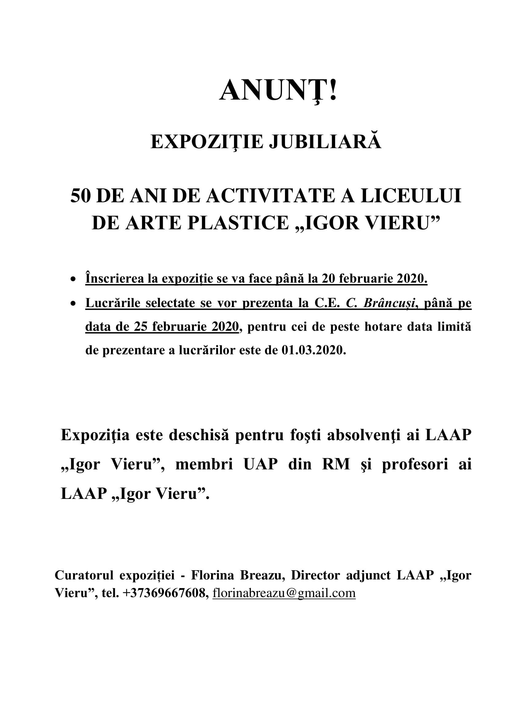Anunţ. Expoziţie jubiliară 50 de activitate LAAP "Igor Vieru"